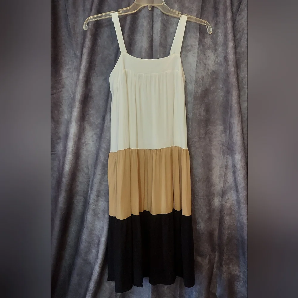 Anthropologie Square-Neck Tiered Colorblock Midi Dress Neutral Size Small - Picture 2 of 8